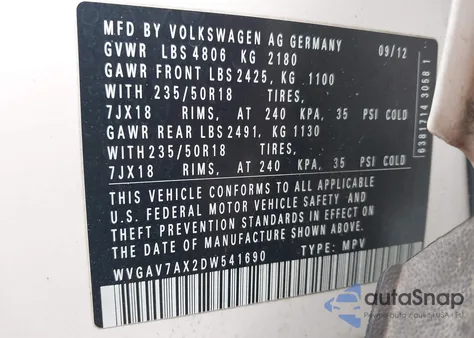 2013 Volkswagen Tiguan S/Se/Sel из США, поврежденный, VIN WVGAV7AX2DW541690
